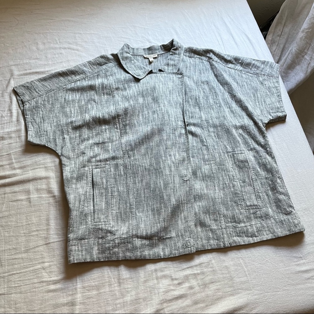 Eileen Fisher grey cotton linen boxy draped short sleeve shacket jacket